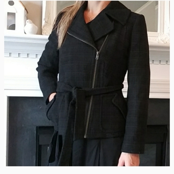 Halogen moto style wool blend coat plated belted plaid size XS gray blazer - Picture 9 of 9